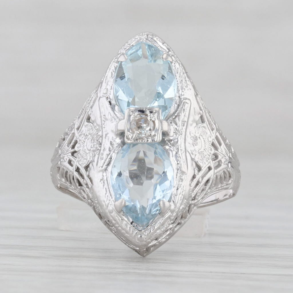 Light Gray Vintage 1.61ctw Aquamarine Diamond Art Deco Filigree Ring 14k White Gold Size 4