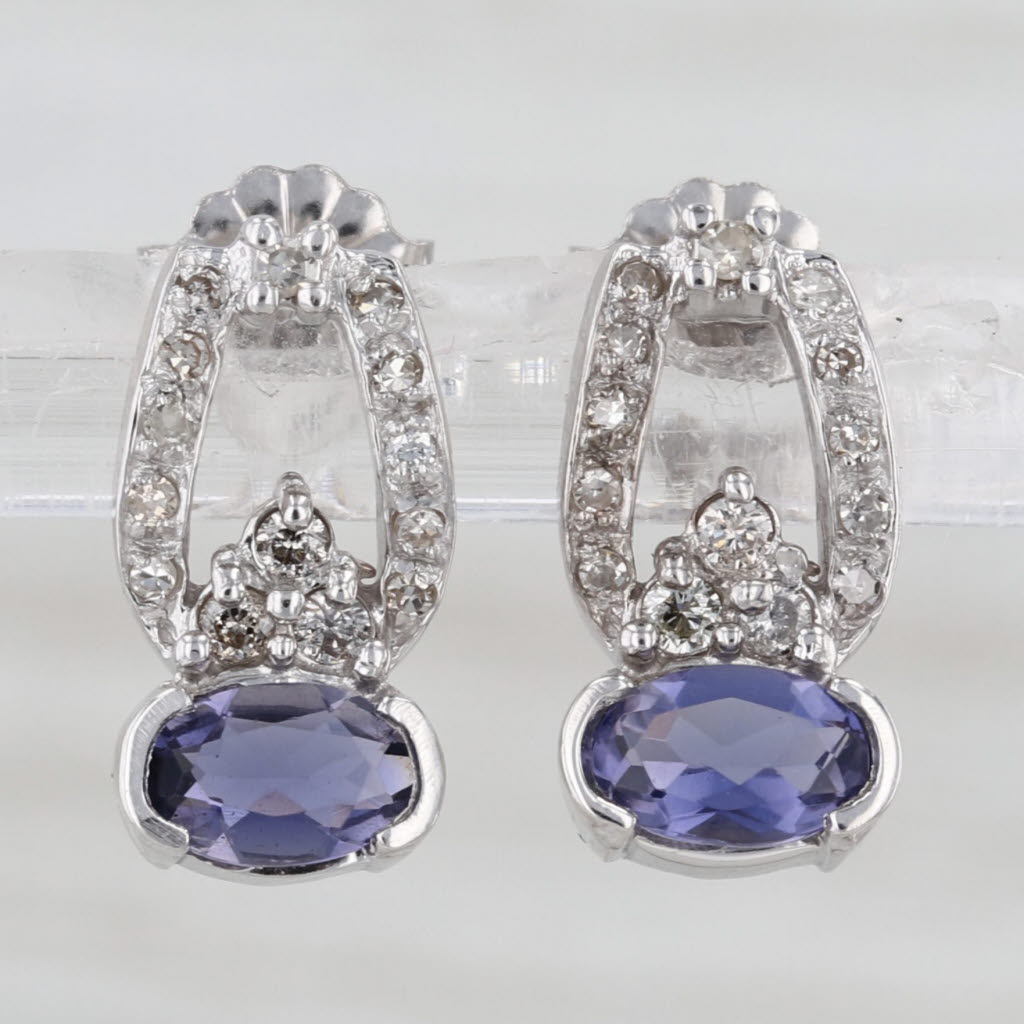1.30ctw Blue Iolite Diamond Stud Earrings 14k White Gold Small Drops