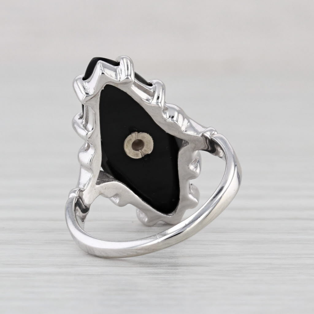 Marquise Onyx Signet Ring 10k White Gold Size 5.5 Diamond Accent