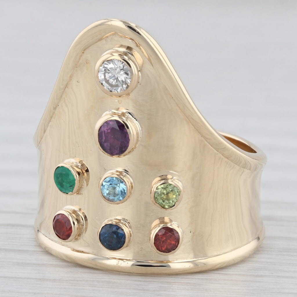 Light Gray 0.92 ctw Muli Gemstone 14K Yellow Gold Shield Statement Ring Size 10.5