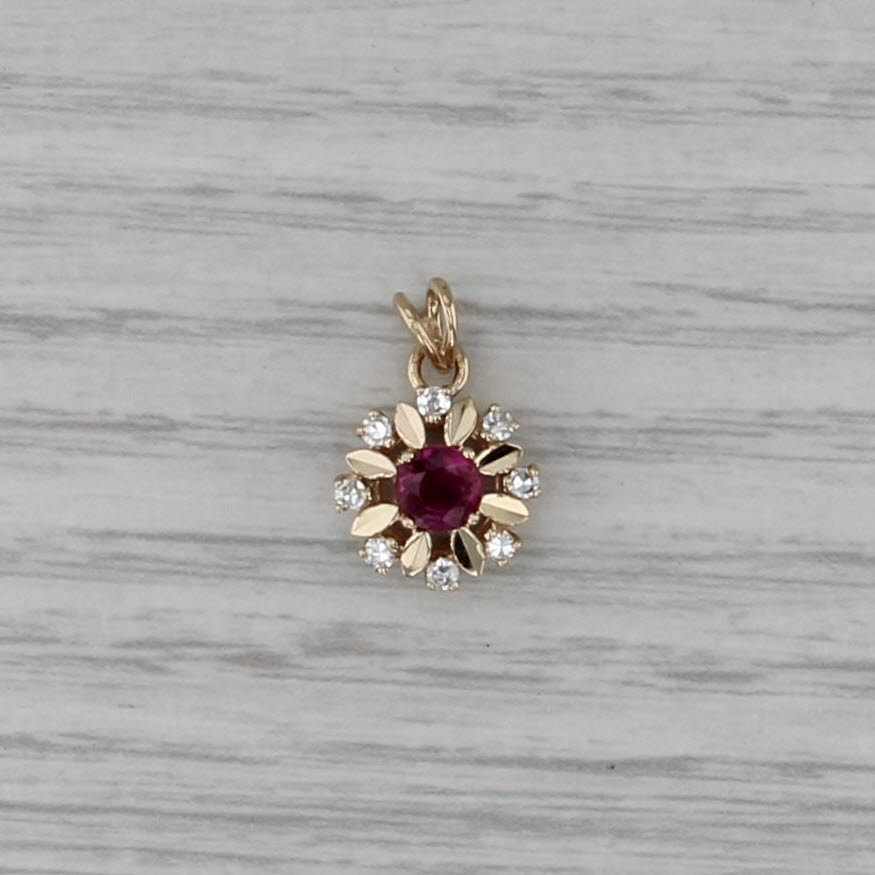 0.65ctw Ruby Diamond Halo Pendant 14k Yellow Gold Small Drop