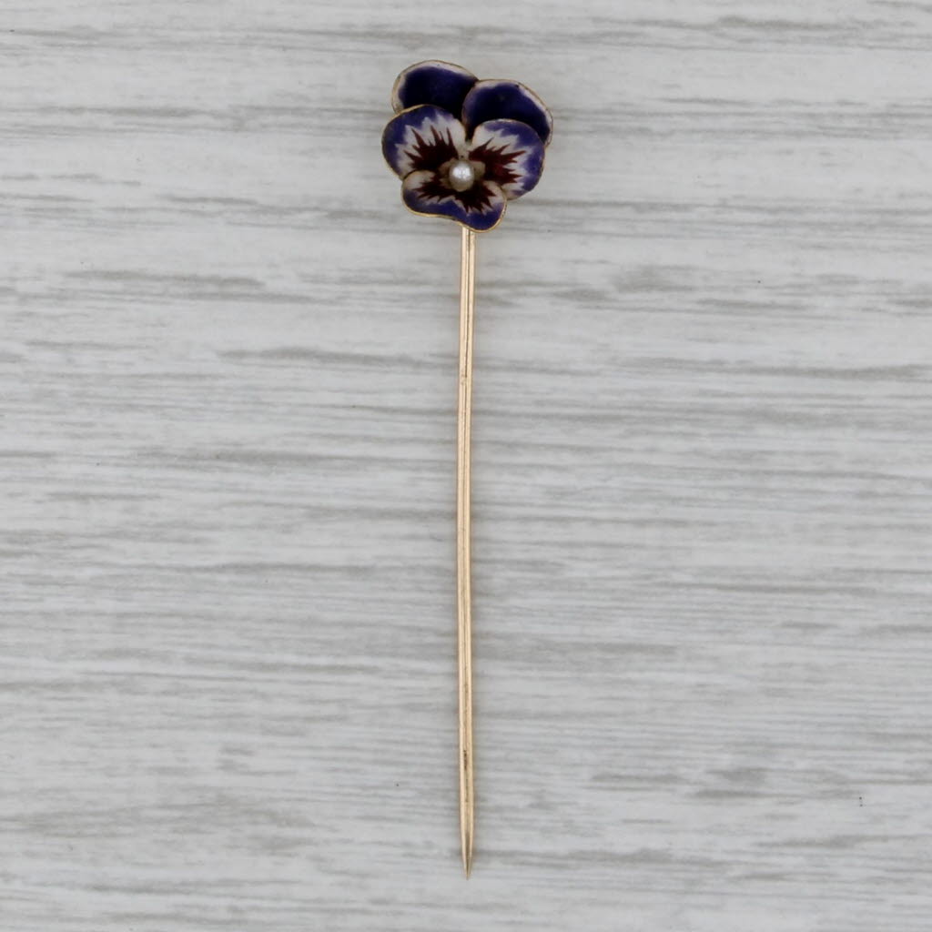 Antique Flower Stickpin 14k 18k Gold Enamel Seed Pearl Floral Pin