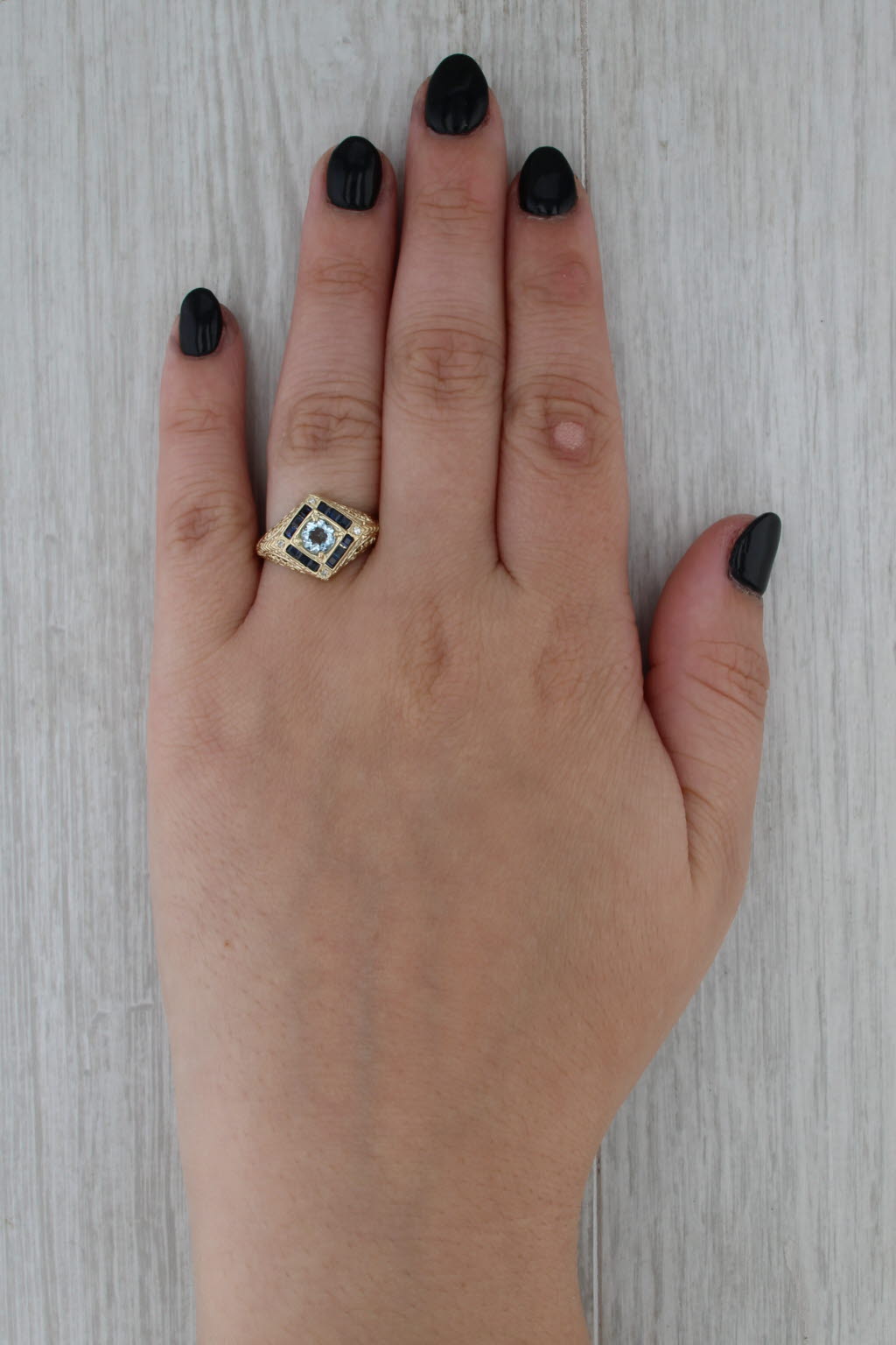 0.90ctw Aquamarine Sapphire Diamond Floral Filigree Ring 14k Yellow Gold Sz 8.25