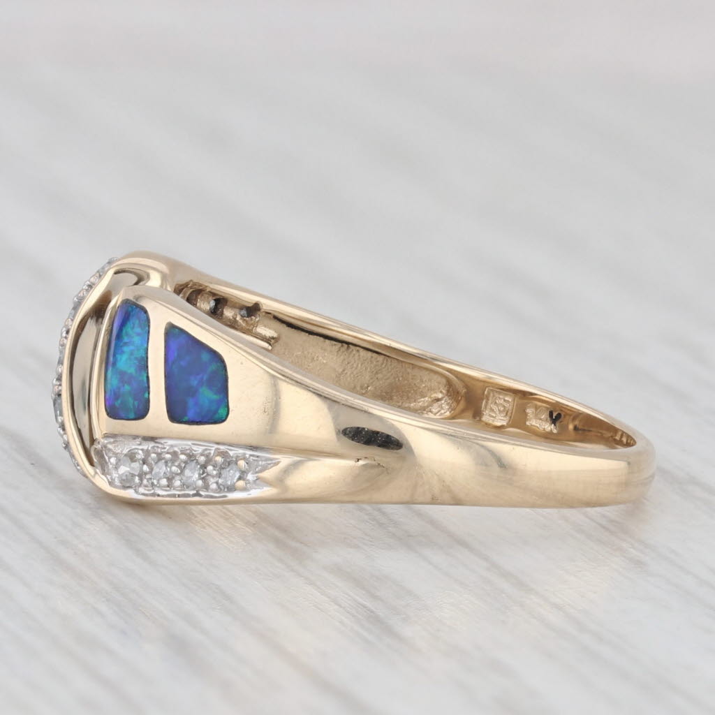 Light Gray Blue Green Opal Inlay Mosaic Diamond Ring 14k Yellow Gold Size 7.25