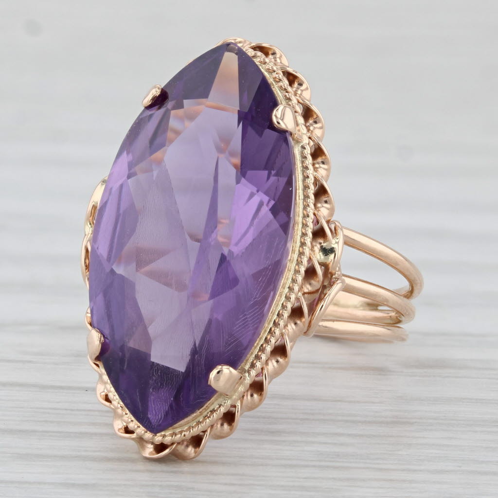 Light Gray Vintage 10.75ct Amethyst Marquise Solitaire Ring 14k Rose Gold Size 5.5 Cocktail