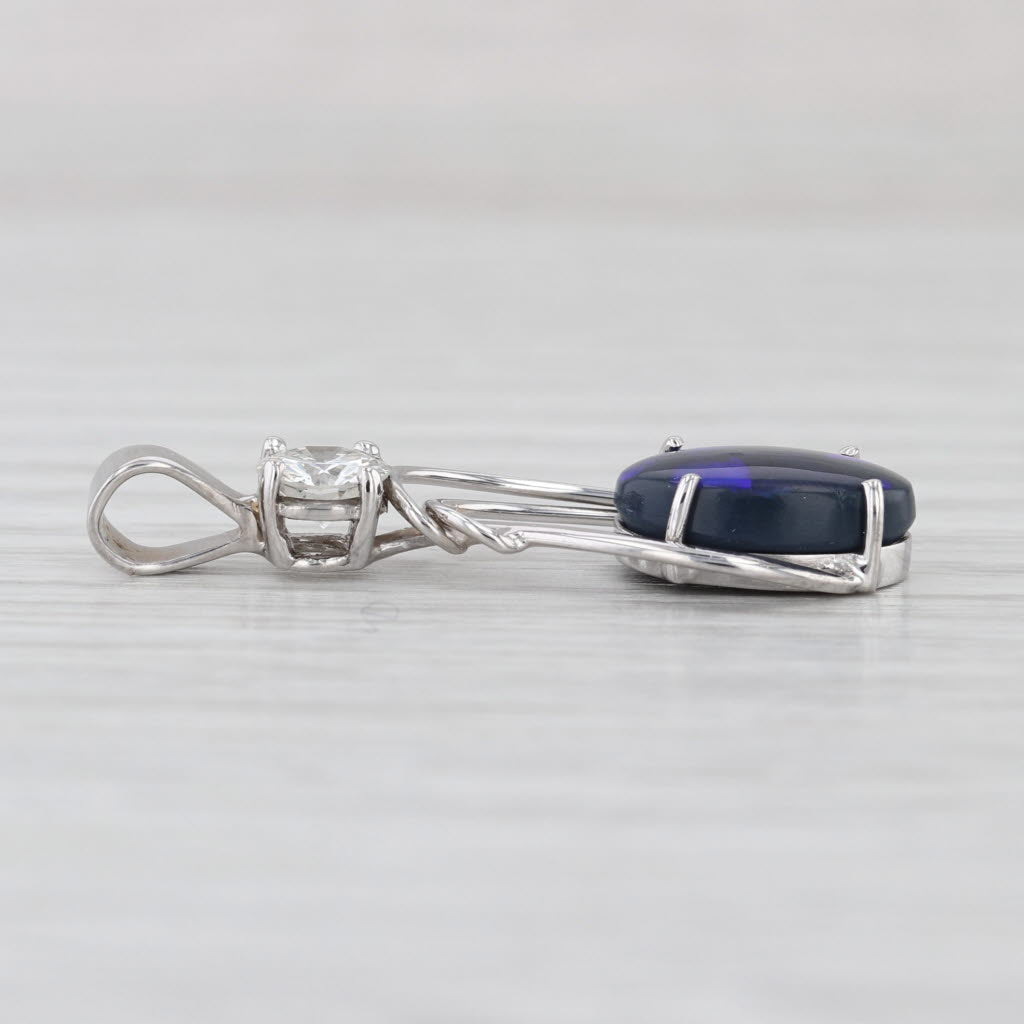 Blue Black Opal Cabochon 0.42ct Diamond Pendant 10k White Gold
