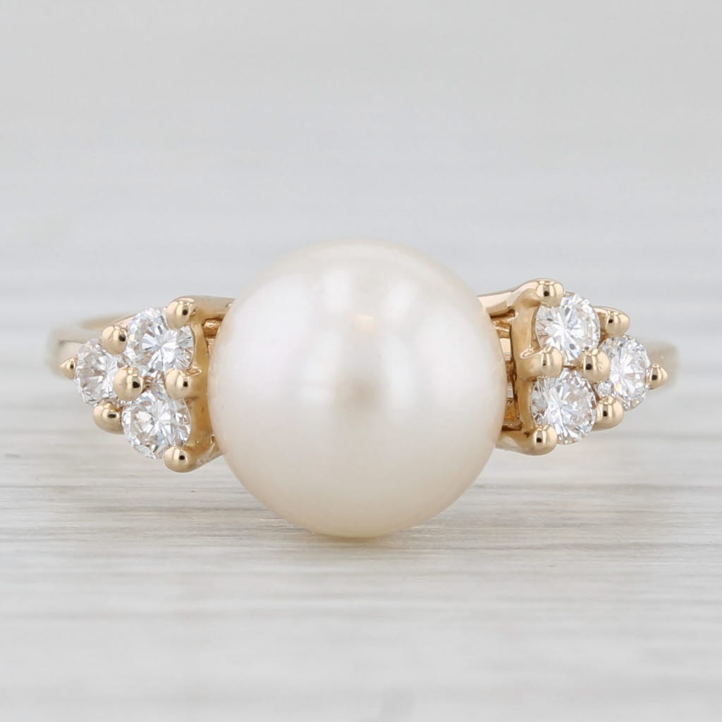 Light Gray Cultured Pearl Diamond Clusters Ring 14k Yellow Gold Size 5.5