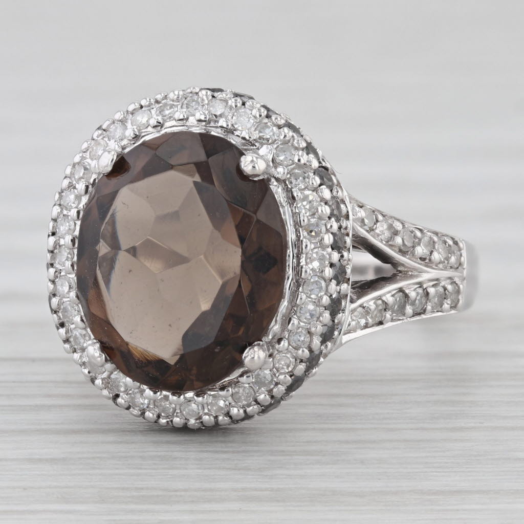 Gray 4.13ctw Oval Smoky Quartz Diamond Halo Ring 14k White Gold Size 7.25