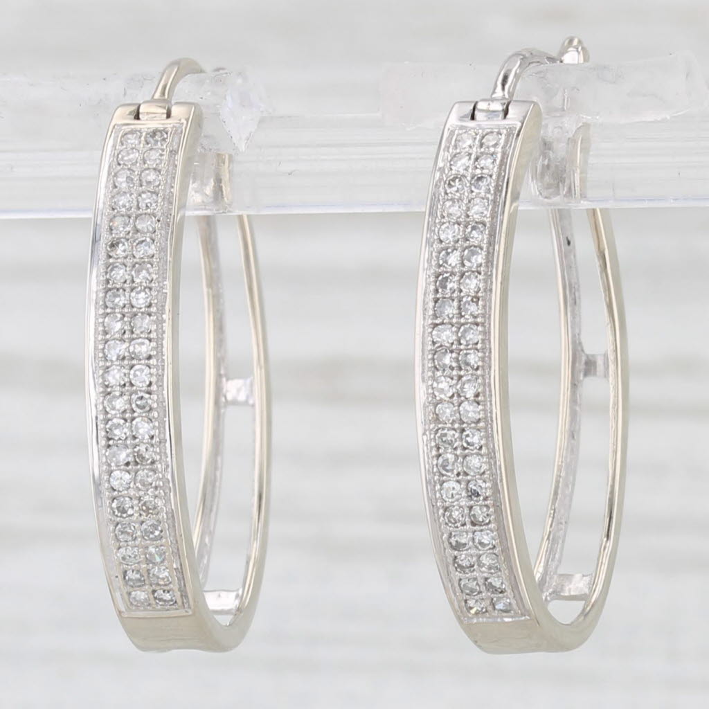 Light Gray 0.18ctw Pave Diamond Hoop Earrings 14k White Gold Snap Top Oval Hoops