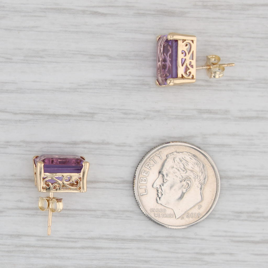 Light Gray 6.5ctw Amethyst Stud Earrings 10k Yellow Gold Emerald Cut Solitaires