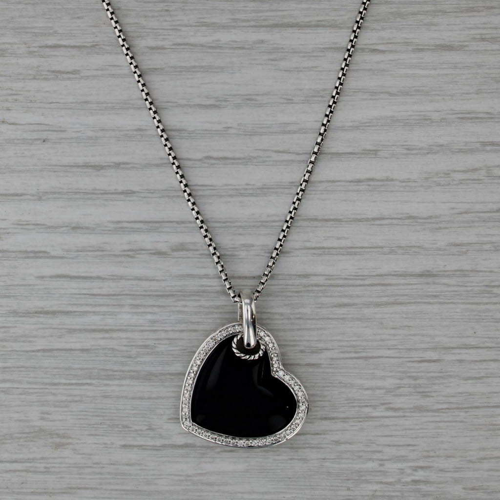 David Yurman Onyx Diamond Heart Pendant Necklace Sterling Silver Box Chain