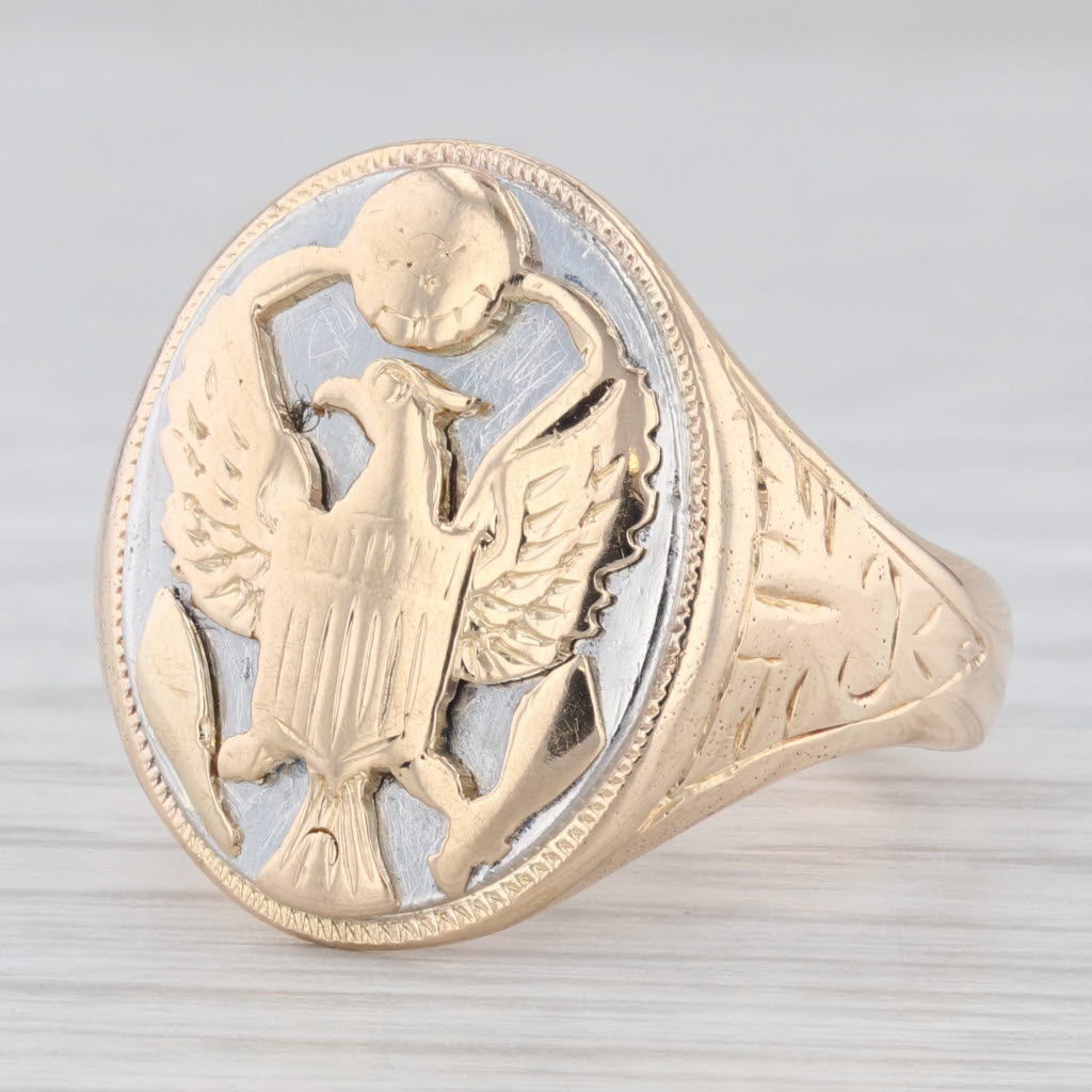 Light Gray Vintage US Army Military Insignia Ring 14k Yellow White Gold Size 8.5 Signet