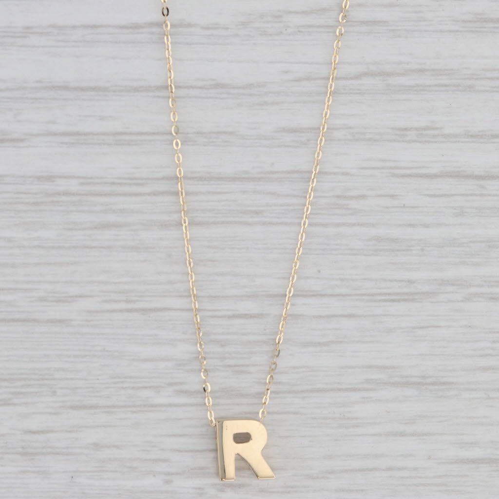 Gray Letter Initial "R" Pendant Necklace 14k Yellow Gold 16-18" Cable