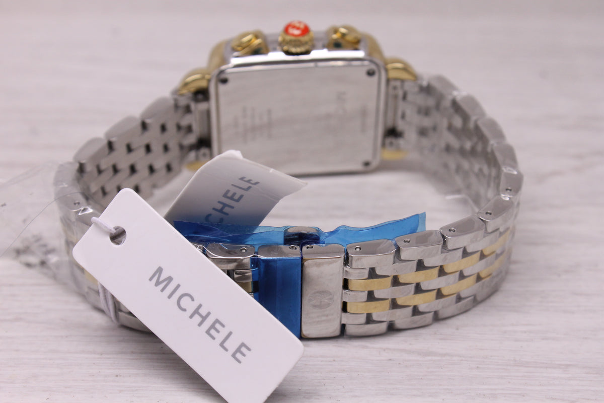 Michele Deco 2 Tone Ladies Quartz Chronograph Watch MOP Diamond Dial Bezel MINT