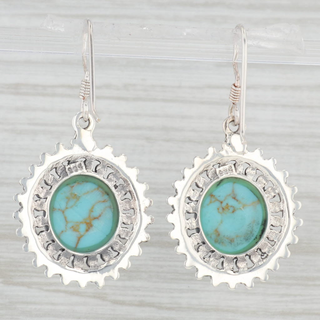 Light Gray Turquoise Dangle Earrings Sterling Silver Hook Posts Round Cabochons Drops