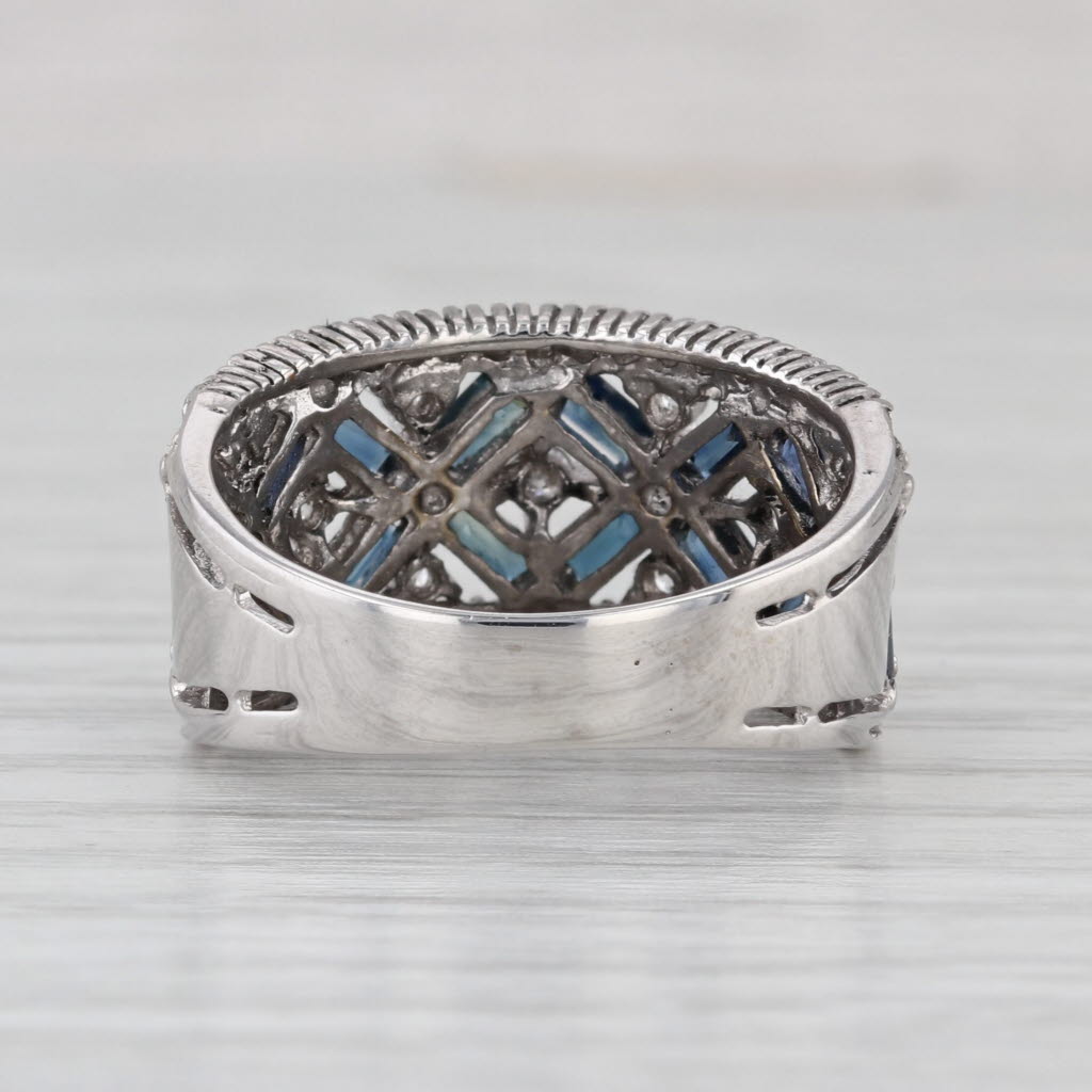 2.10ctw Blue Sapphire Diamond Ring 14k White Gold Size 8.5 Wide Band Cocktail