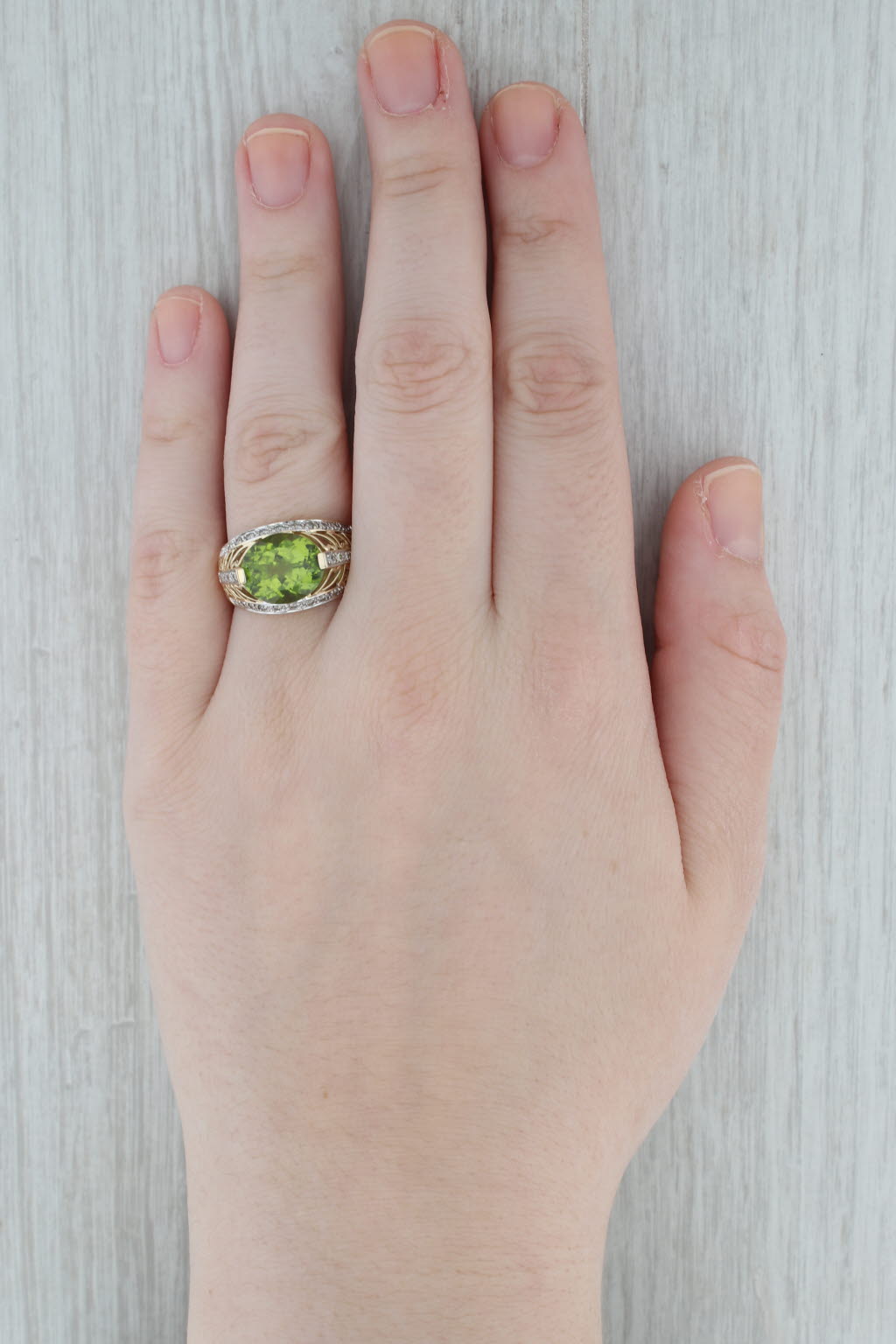 Gray 6.09ctw Peridot Diamond Ring 14k Yellow Gold Size 9 Heart Accents Cocktail