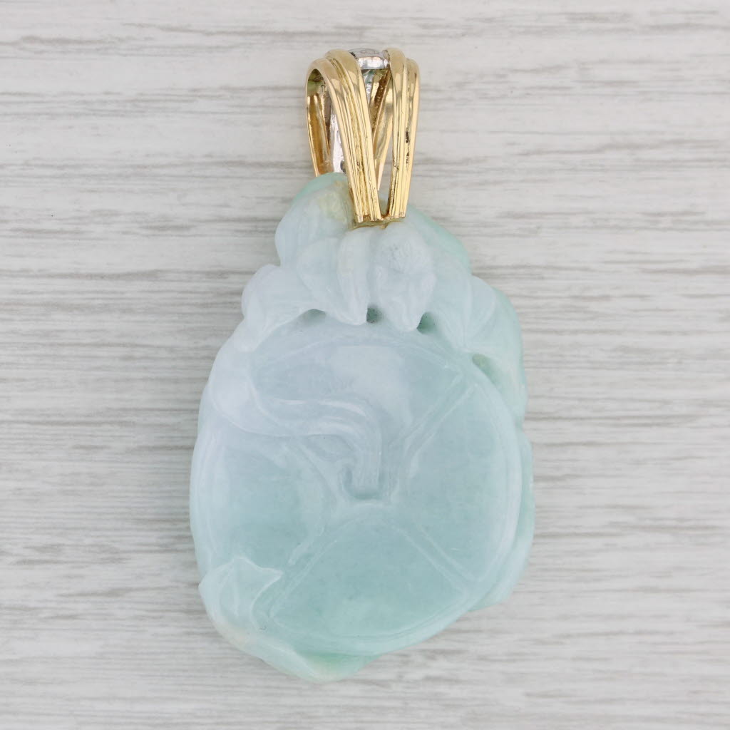 Gray Green Jadeite Jade Carved Animal Pendant 0.50ctw Diamond 18k Gold Statement