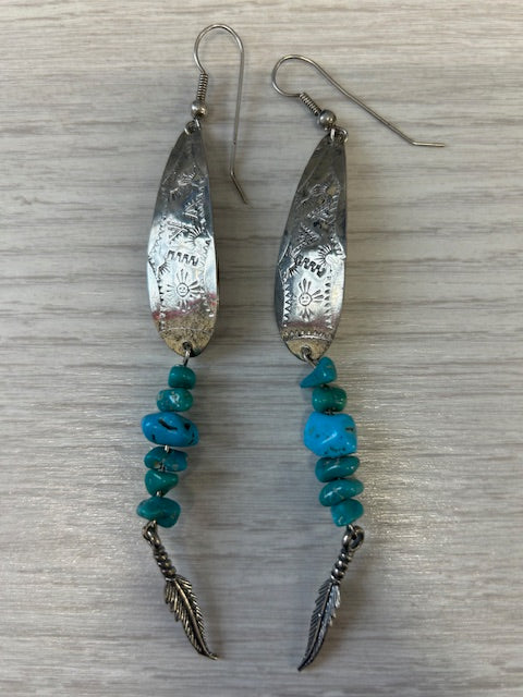 Dark Gray Vintage Turquoise Bead Feather Dangle Earrings Sterling Silver Native Americans