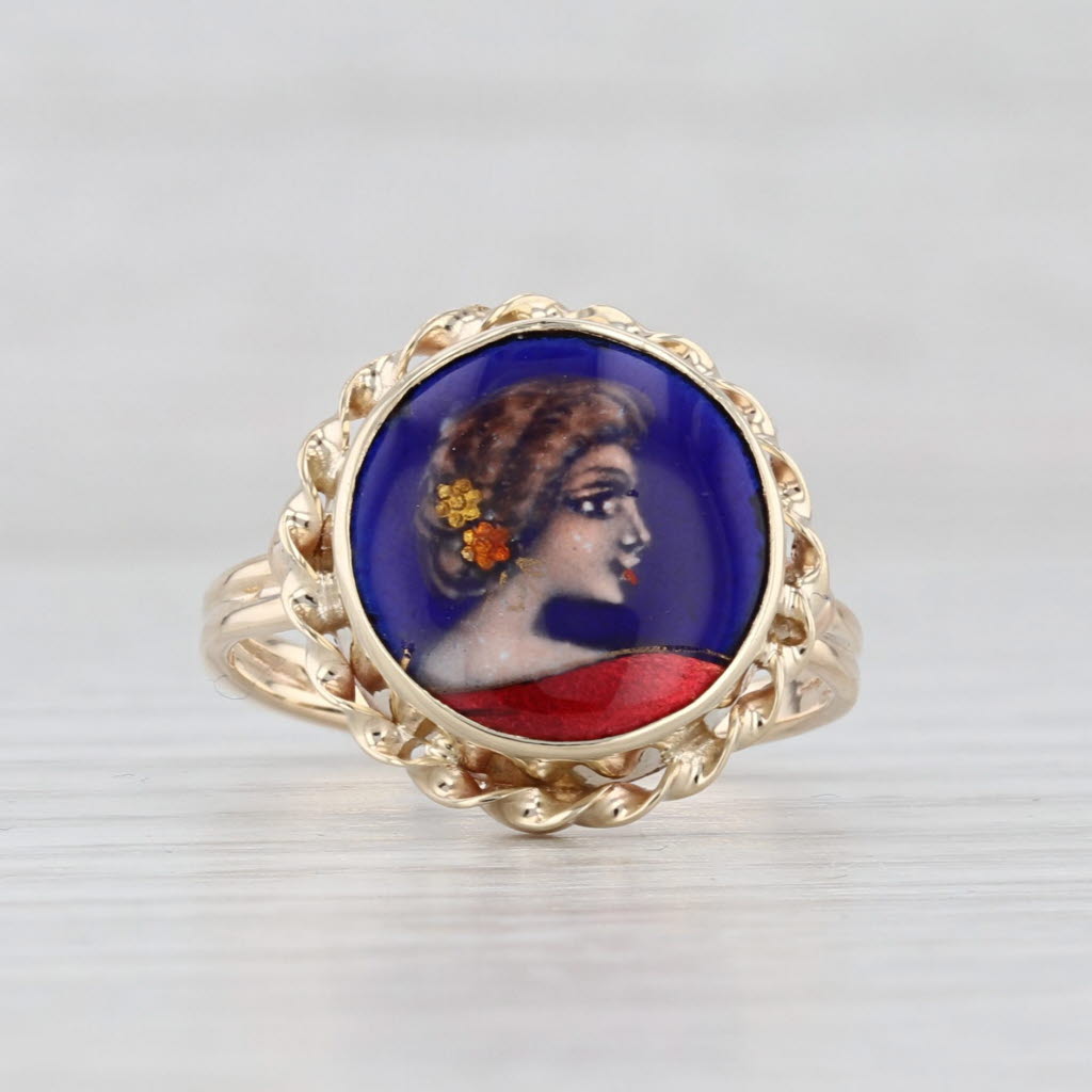 French Hand Painted Portrait of Lady Signet Ring 14k Gold Enamel Glass Size 6.5
