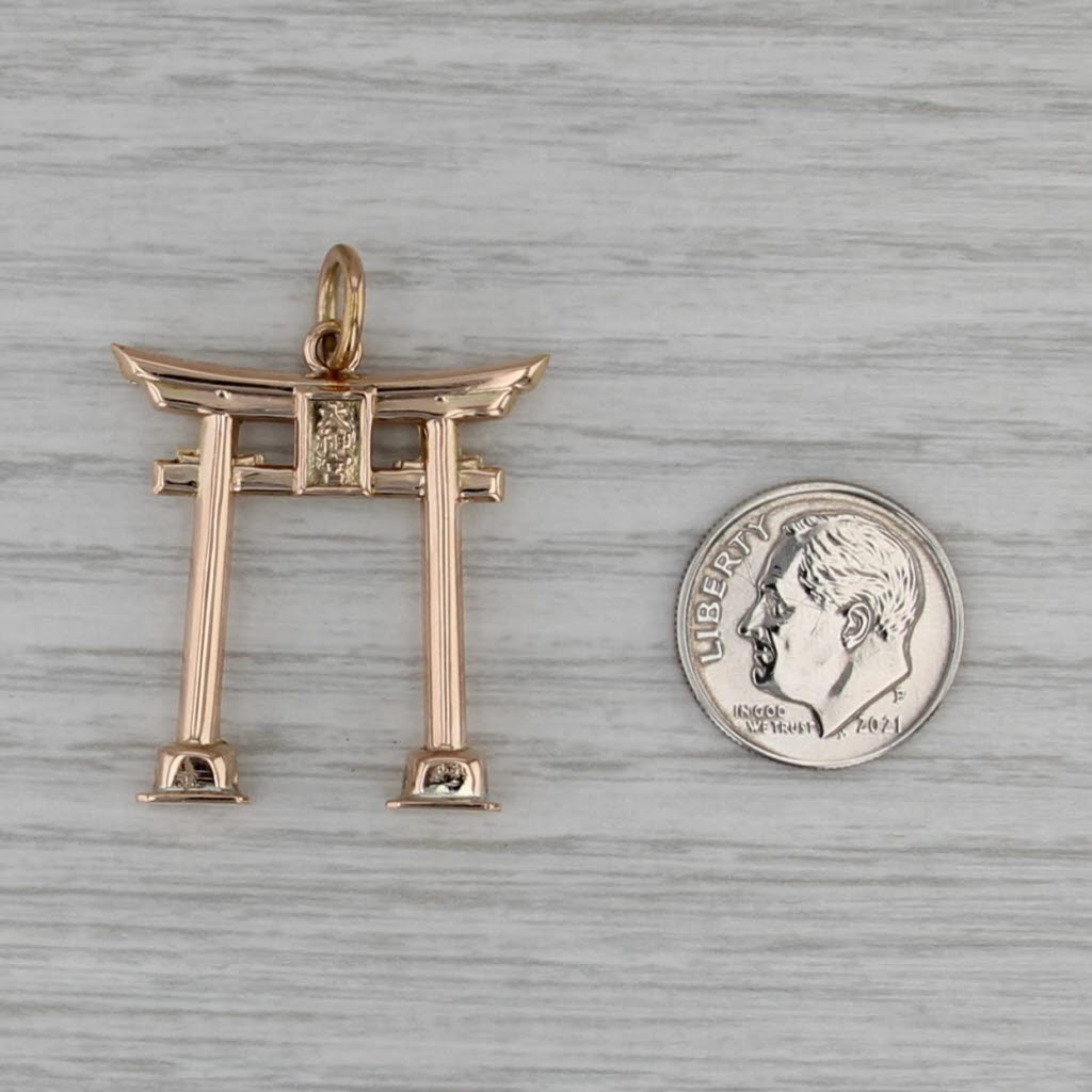 Vintage K Uyeda Large Japanese Tori Gate Pendant 14k Gold Japan Souvenir Charm