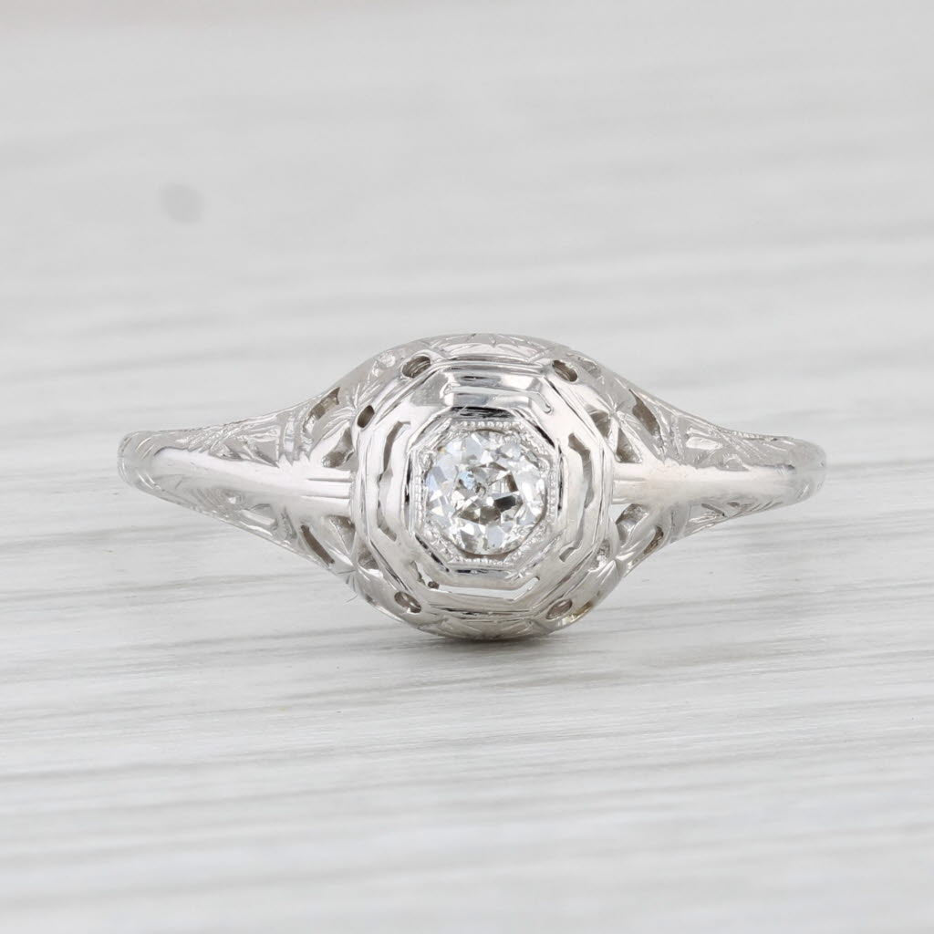 Light Gray Art Deco 0.10ct Diamond Solitaire Ring 18k White Gold Engagement Size 6.25