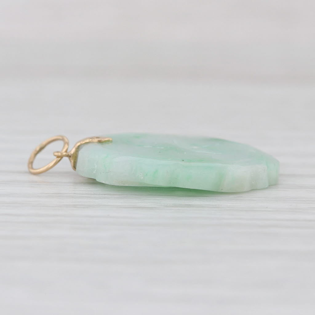 Vintage Green Jadeite Jade Character Carved Disc Pendant 14k Yellow Gold