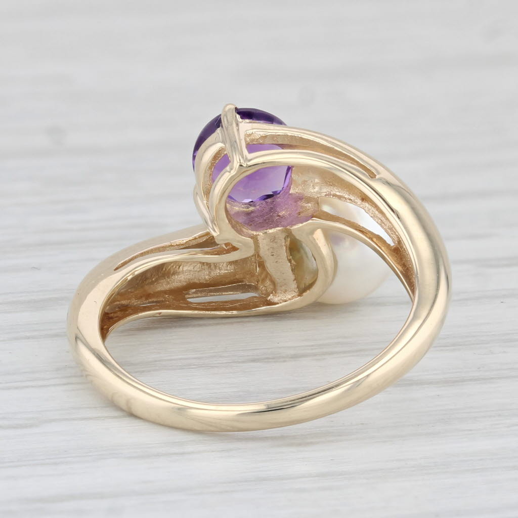 Light Gray Amethyst Cultured Pearl Bypass Ring 10k Yellow Gold Size 7