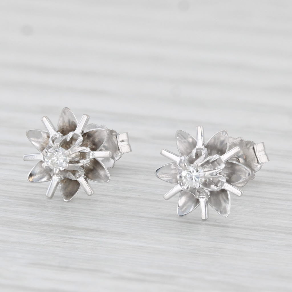 Light Gray Vintage Solitaire VS2 Diamond Flower Stud Earrings 14k White Gold Studs