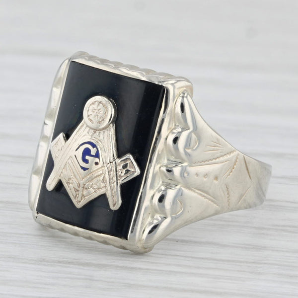 Onyx Masonic Signet Ring 14k White Gold Square Compass Blue Lodge Size 9.5