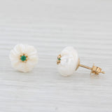 New Cultured Pearl Carved Lily Flower Emerald Stud Earrings 14k Gold Galatea