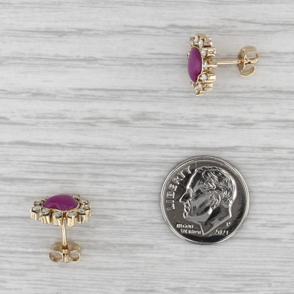 Lab Created Star Ruby Heart Cabochon Diamond Halo Stud Earrings 13k Yellow Gold