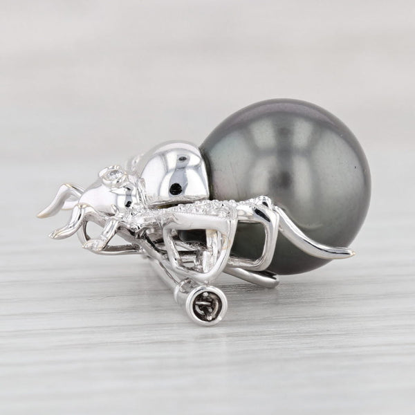 Light Gray Cultured Black Pearl 0.26ctw Diamond Flying Insect Brooch 18k White Gold Pin
