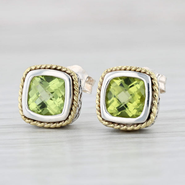 Light Gray 2.20ctw Peridot Stud Earrings 18k Gold Sterling Silver Cushion Solitaires