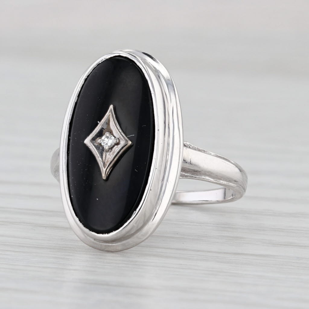 Vintage Onyx Diamond Signet Ring 10k White Gold Size 7.5