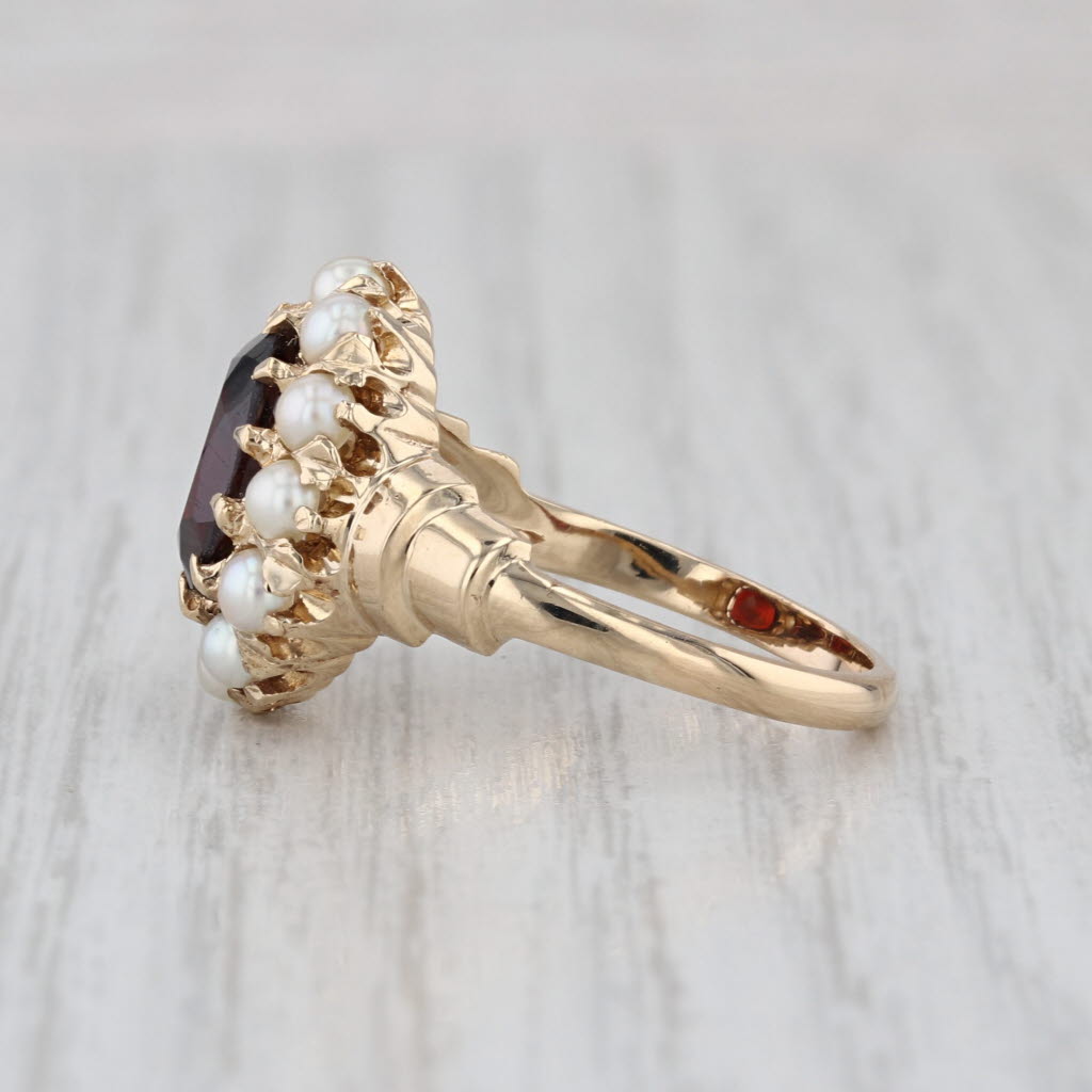 Vintage Oval Garnet Seed Pearl Halo Ring 12k Yellow Gold Size 8