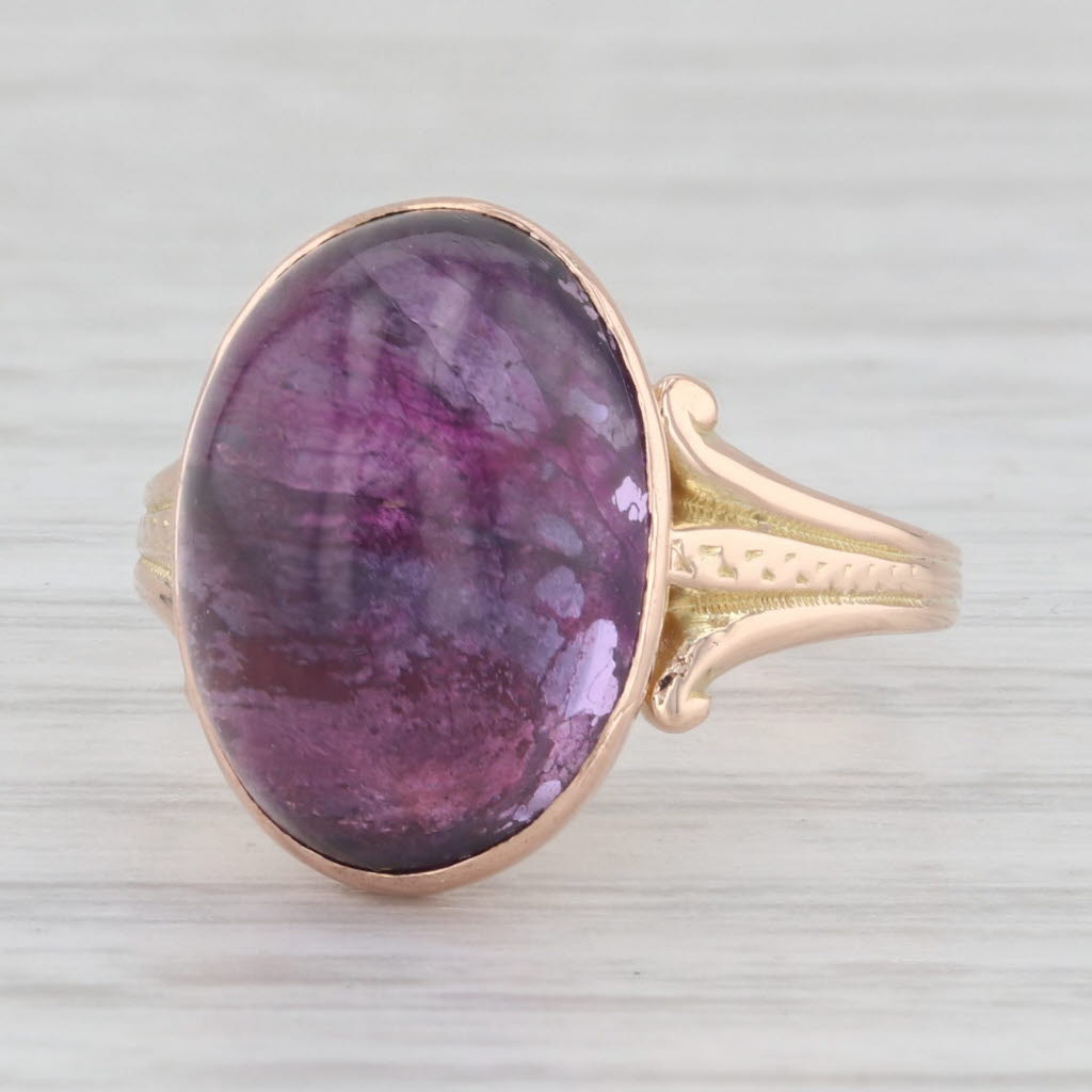 Light Gray Vintage Amethyst Oval Cabochon Solitaire Ring 14k Rose Yellow Gold Size 5.75