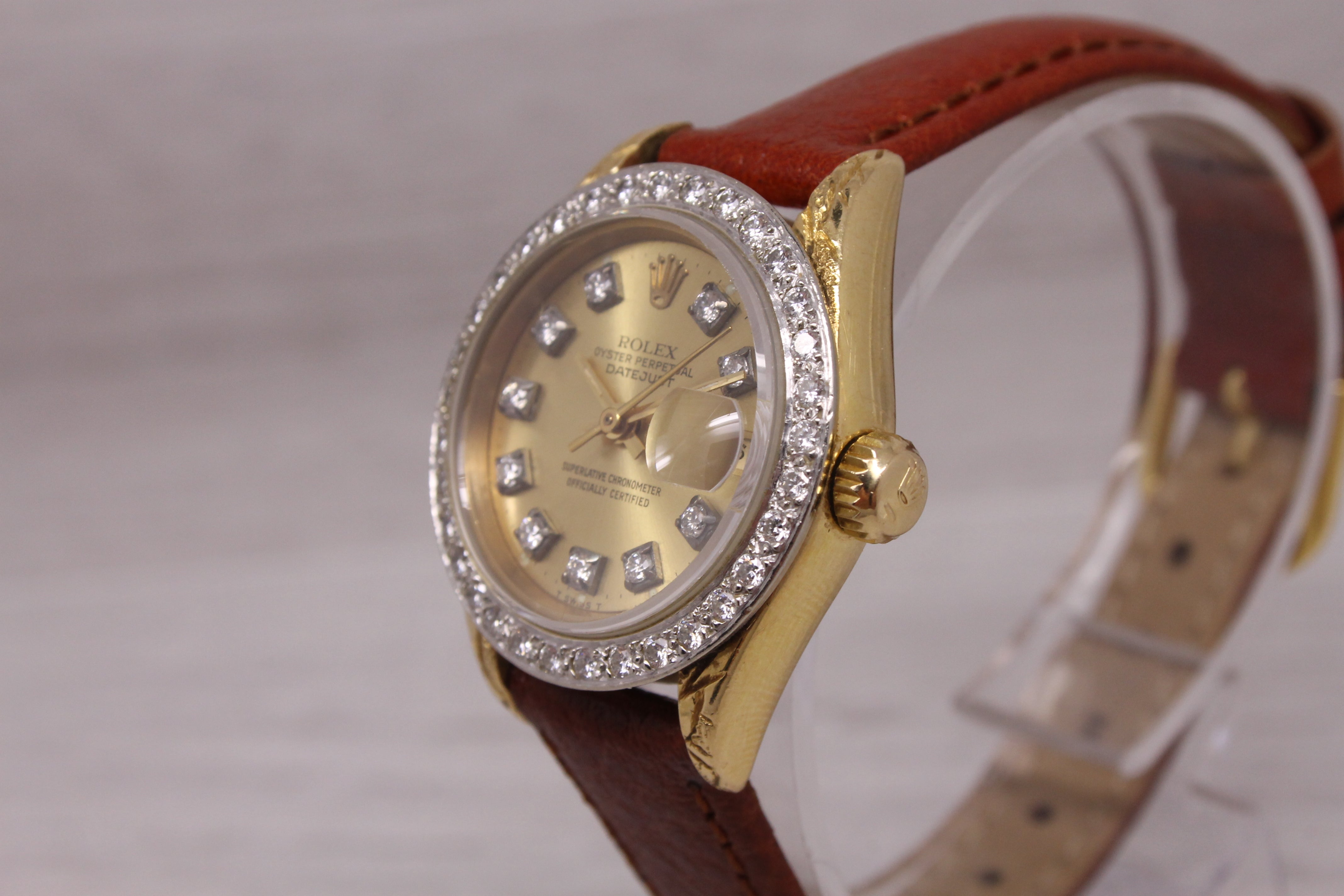 Rosy Brown Vintage 1985 Rolex Datejust 69178 Ladies President 18k Gold & Diamond Bezel Box