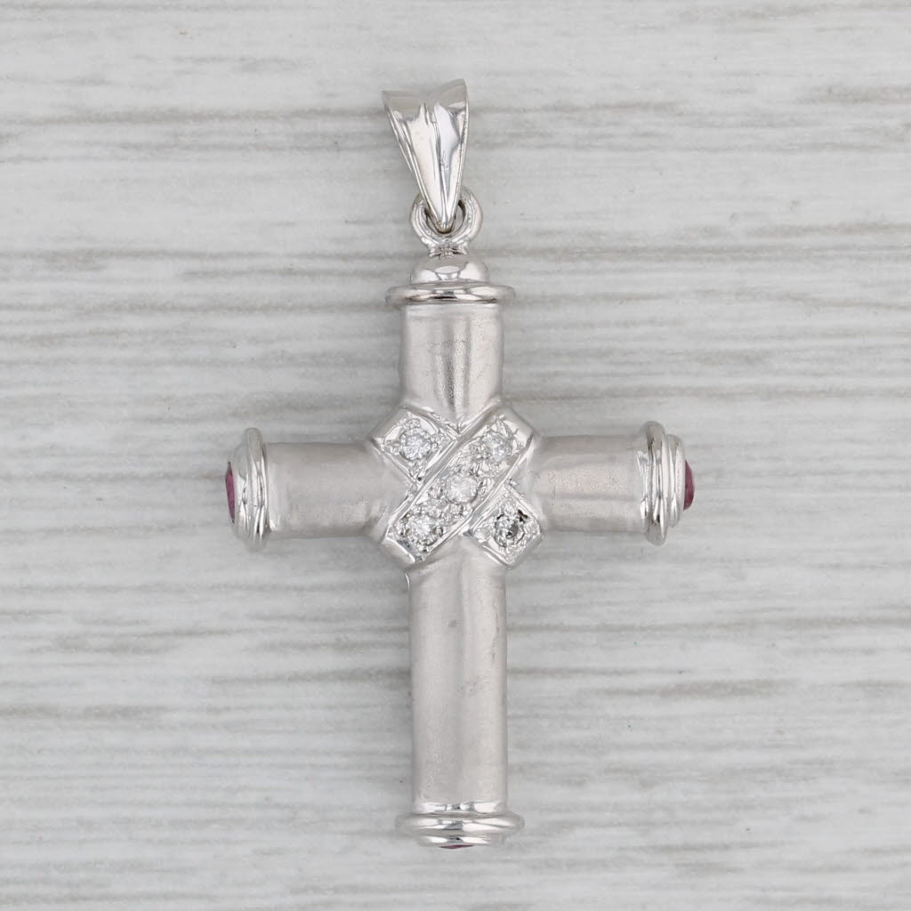 Gray 0.29ctw Diamond Ruby Cross Pendant 14k White Gold