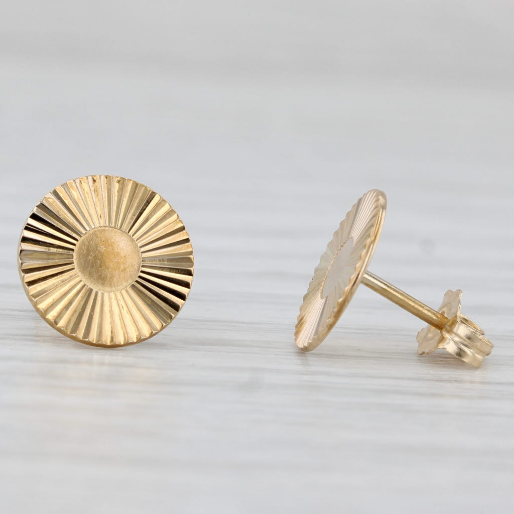 Light Gray Rayed Stud Earrings 14k Yellow Gold Circle Round Studs