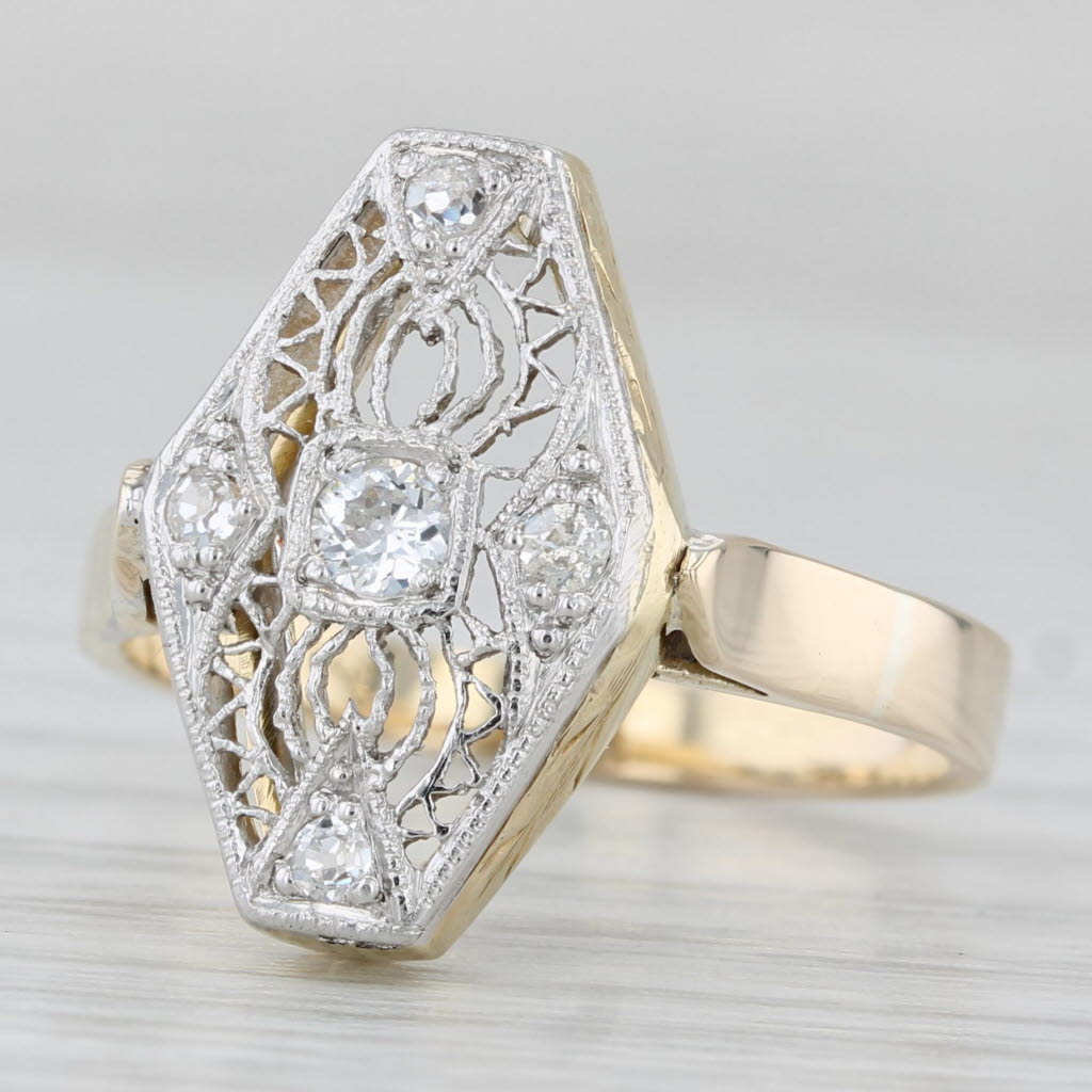 Light Gray Vintage 0.13ctw Diamond Filigree Ring 14k Yellow Gold Platinum Size 7.75