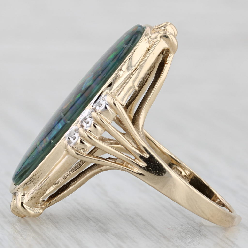 Light Gray Colorful Mosaic Opal Triplet Diamond Ring 14k Yellow Gold Cocktail Statement Size 9