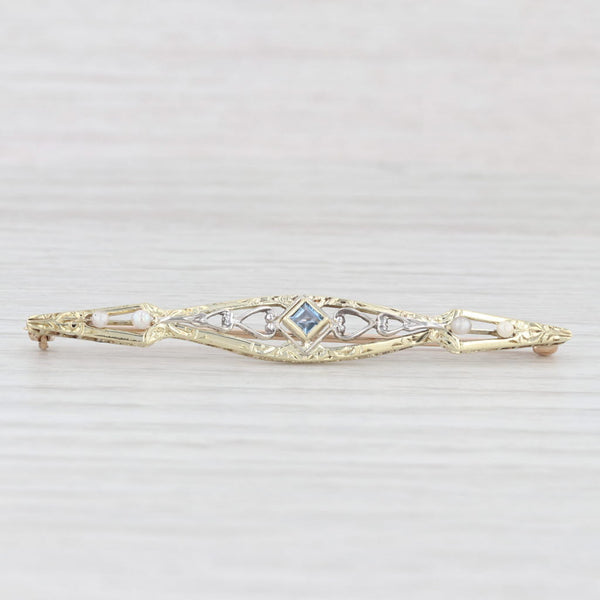 Seed Pearl Lab Created Blue Sapphire Ornate Bar Pin 14k Gold Brooch