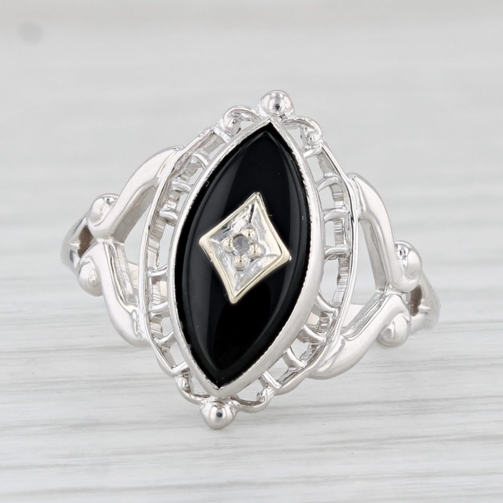 Light Gray Vintage Marquise Onyx Diamond Ring 10k White Gold Size 4.75