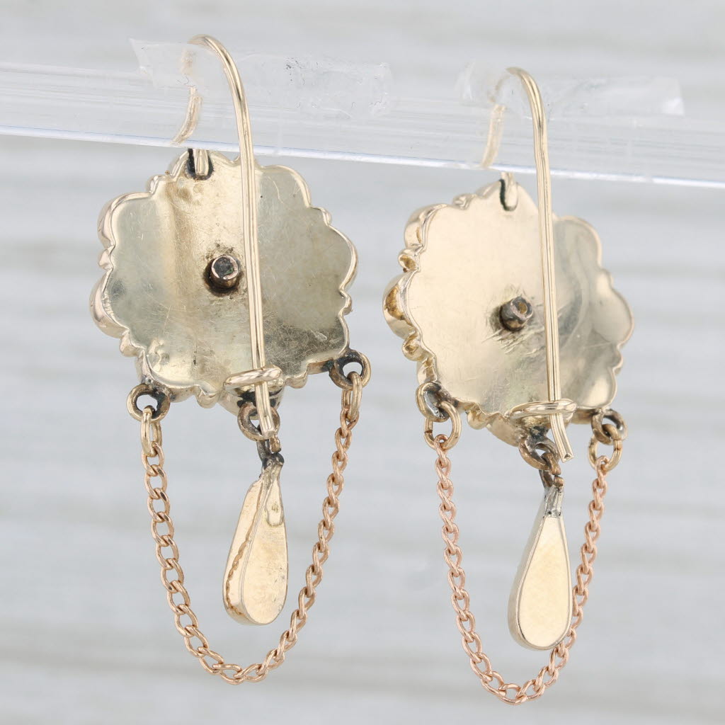 Light Gray Antique Black Glass Flower Drop Earrings 12k Yellow Gold Hook Posts