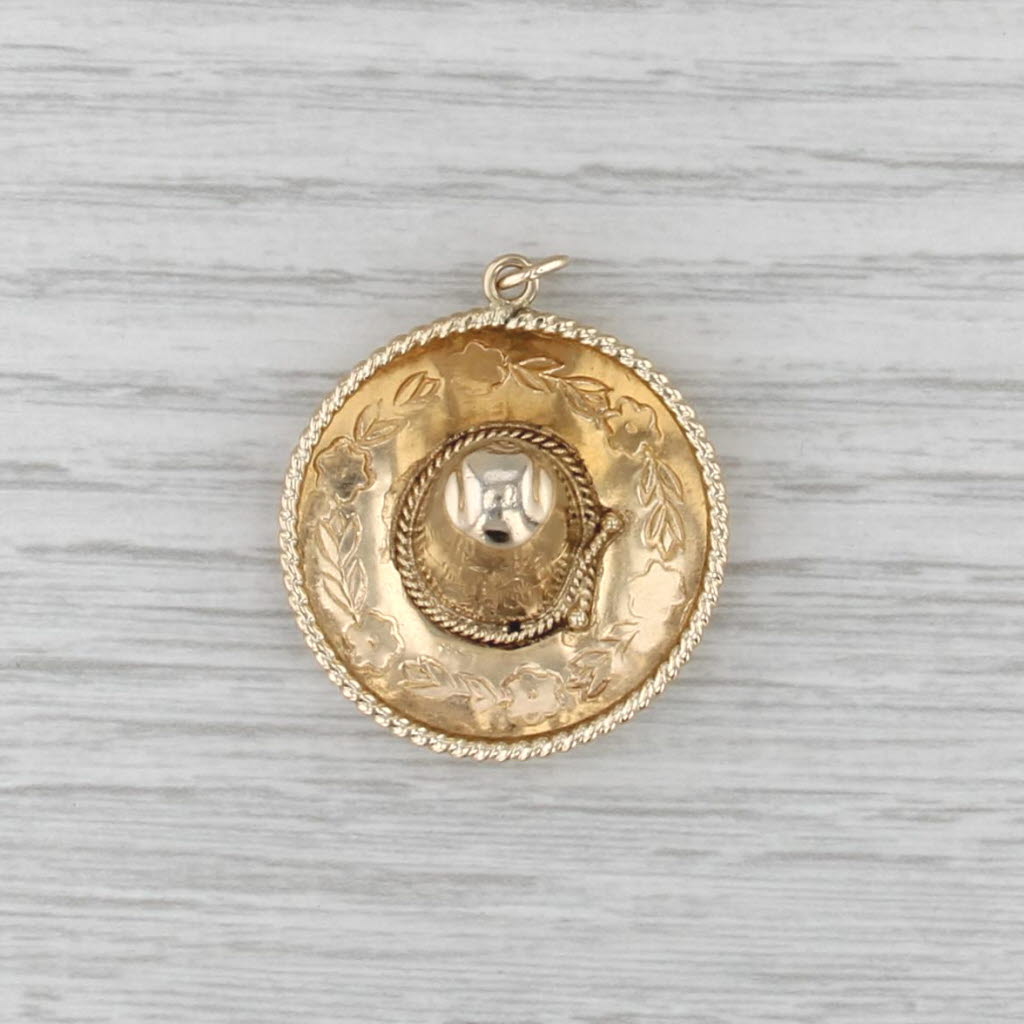 Large Sombrero Charm Pendant 14k Yellow Gold Vintage Ornate