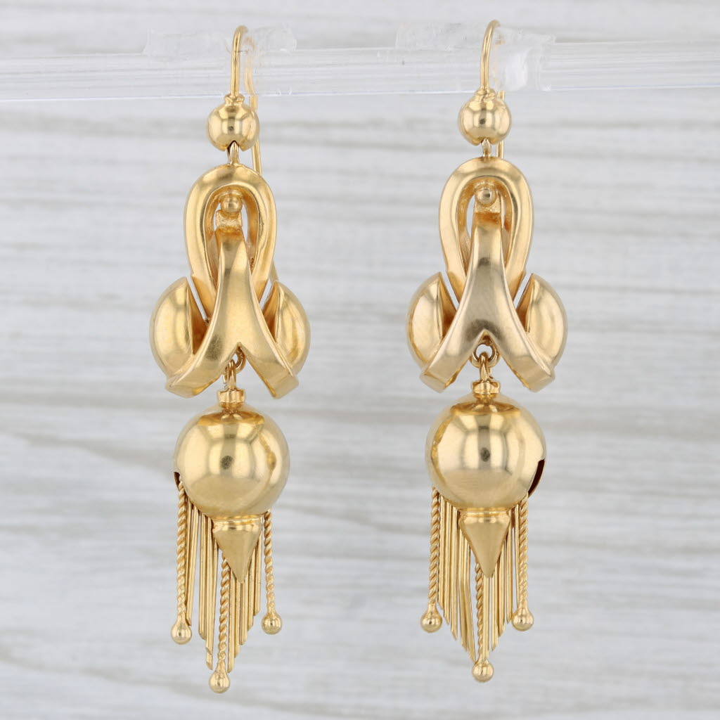 Light Gray Antique Fringe Dangle Statement Earrings 15k Yellow Gold Hook Posts