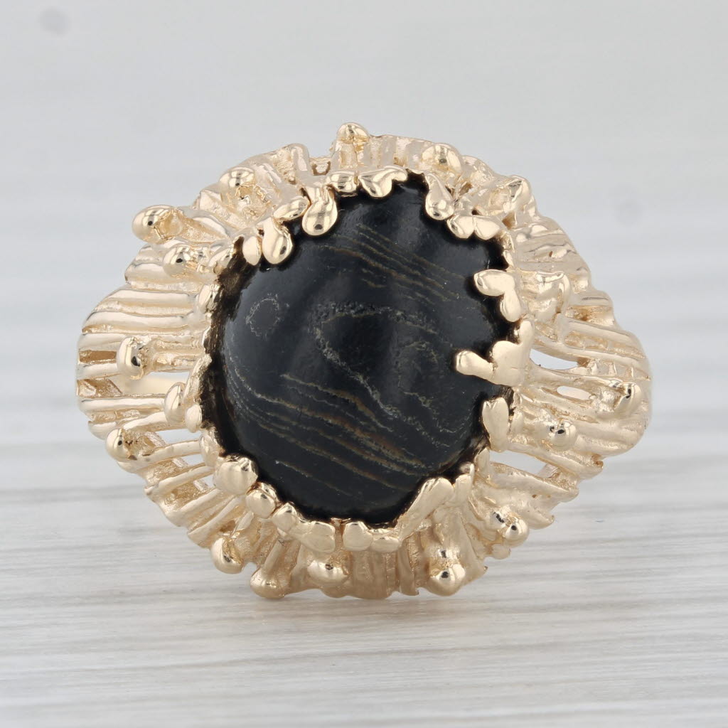 Gray Maui Divers Black Coral Ring 14k Yellow Gold Size 7.25 Cabochon Solitaire