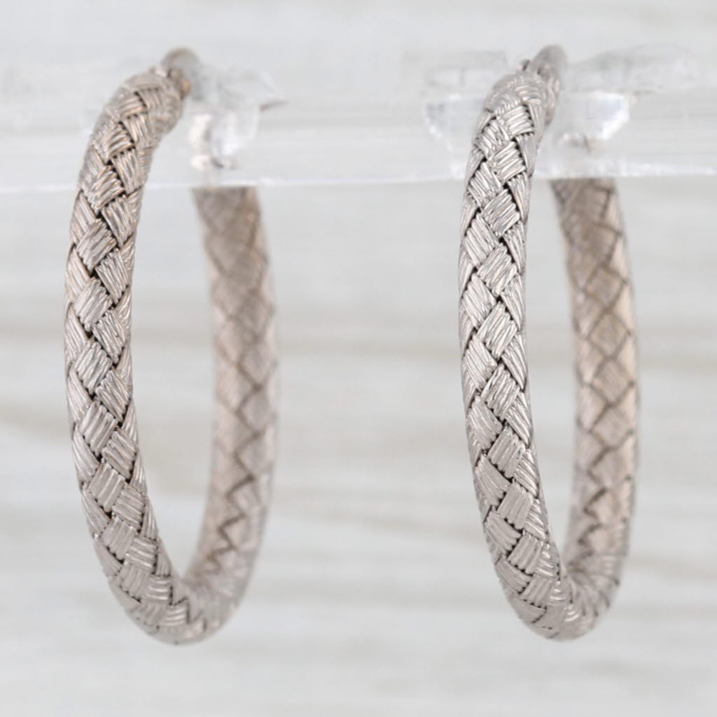 Light Gray Roberto Coin Basket Weave Hoop Earrings 18k White Gold Snap Top Round Hoops
