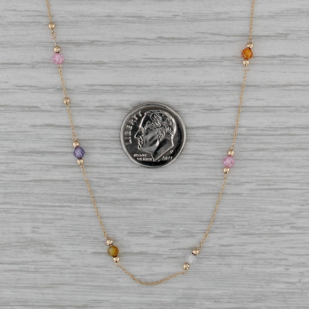 Mulitcolor Glass Bead Station Necklace 14k Yellow Gold 17" Rope Chain